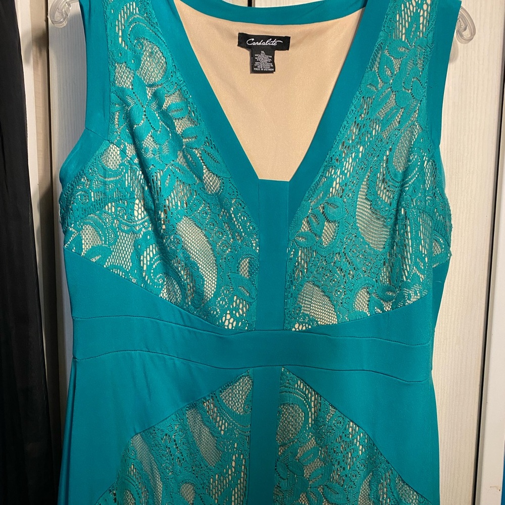 Candalite XL lacy green dress with nude underneath.